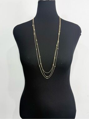 Liz Claiborne Gold Chain Long Triple Strand Gold Bead Statement Necklace